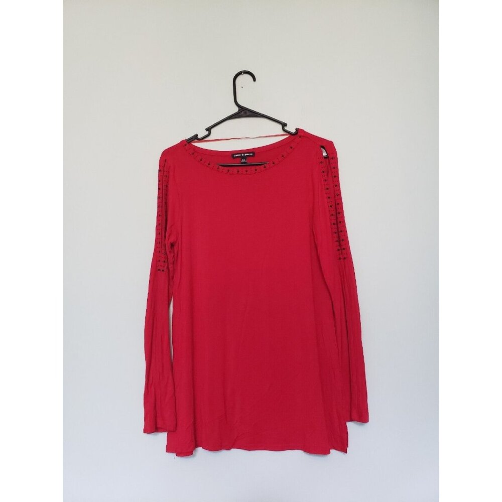 Cable & Gauge Womens M Top Long Split Sleeve Cold Shoulder Red Black Bling - Picture 1 of 6